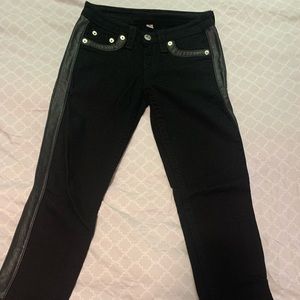 Black True Religion leather tuxedo stripe skinny jeans